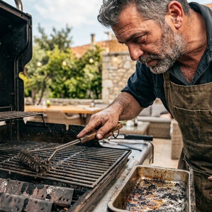 Επαγγελματίας καθαρίζει ψησταριά υγραερίου Weber με ειδική βούρτσα - Grill Me BBQ