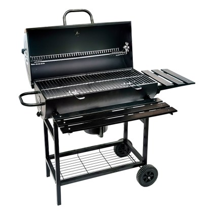 BORMANN CHARCOAL GRILL M70xW35cm, WITH LID, SIDE AND FRONT TABLE, THERMOMETER AND 2 WHEELS